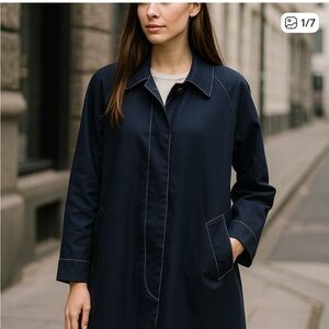 J. Crew Dark Blue Trench Coat with Contrasting White Stitch. Size L.